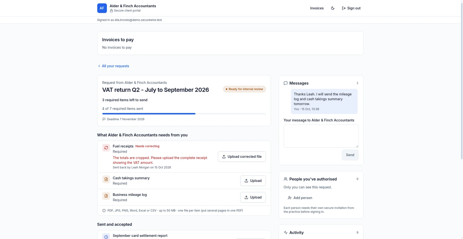 Client portal with requested documents and a returned upload