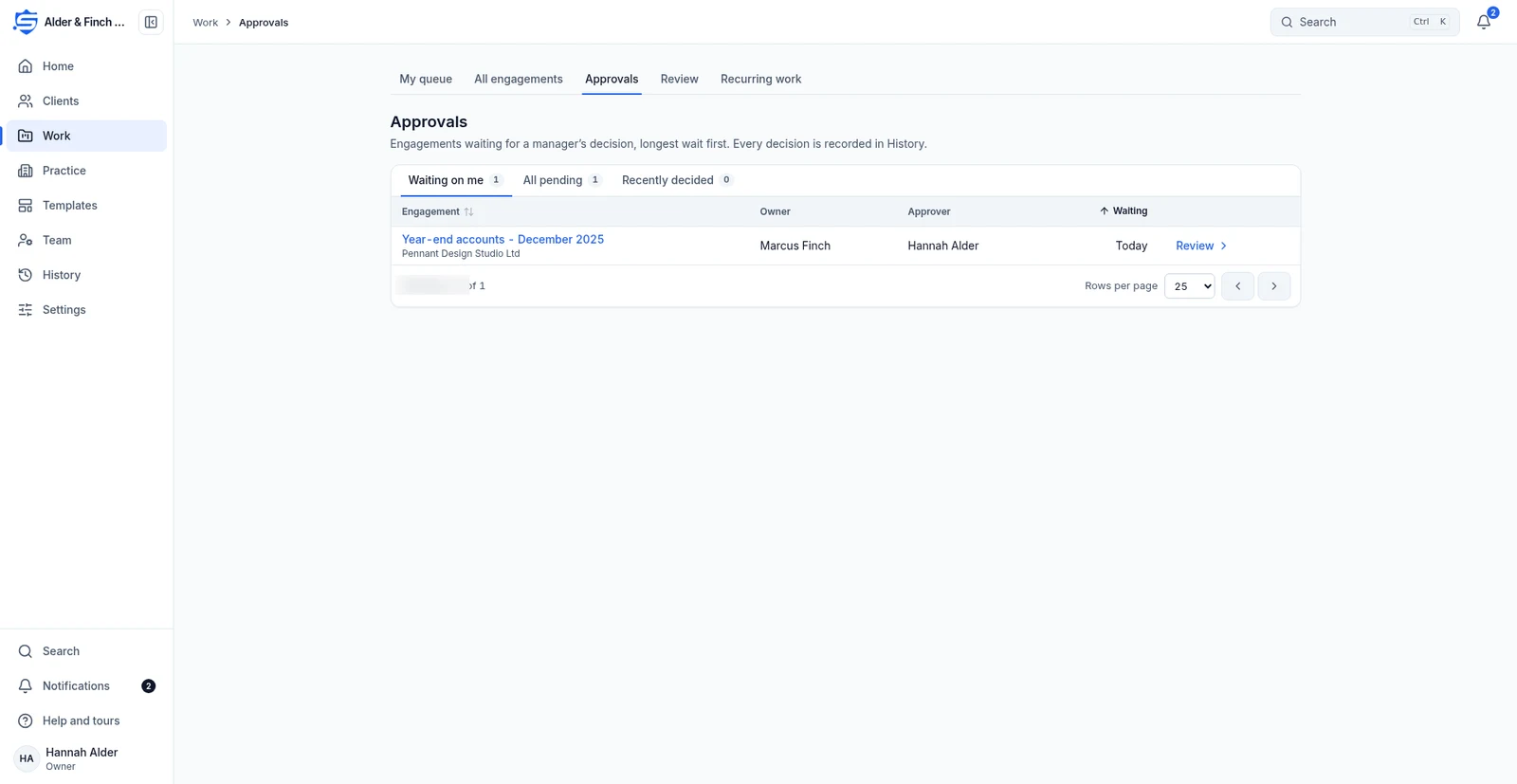 Approvals list showing work waiting for a manager