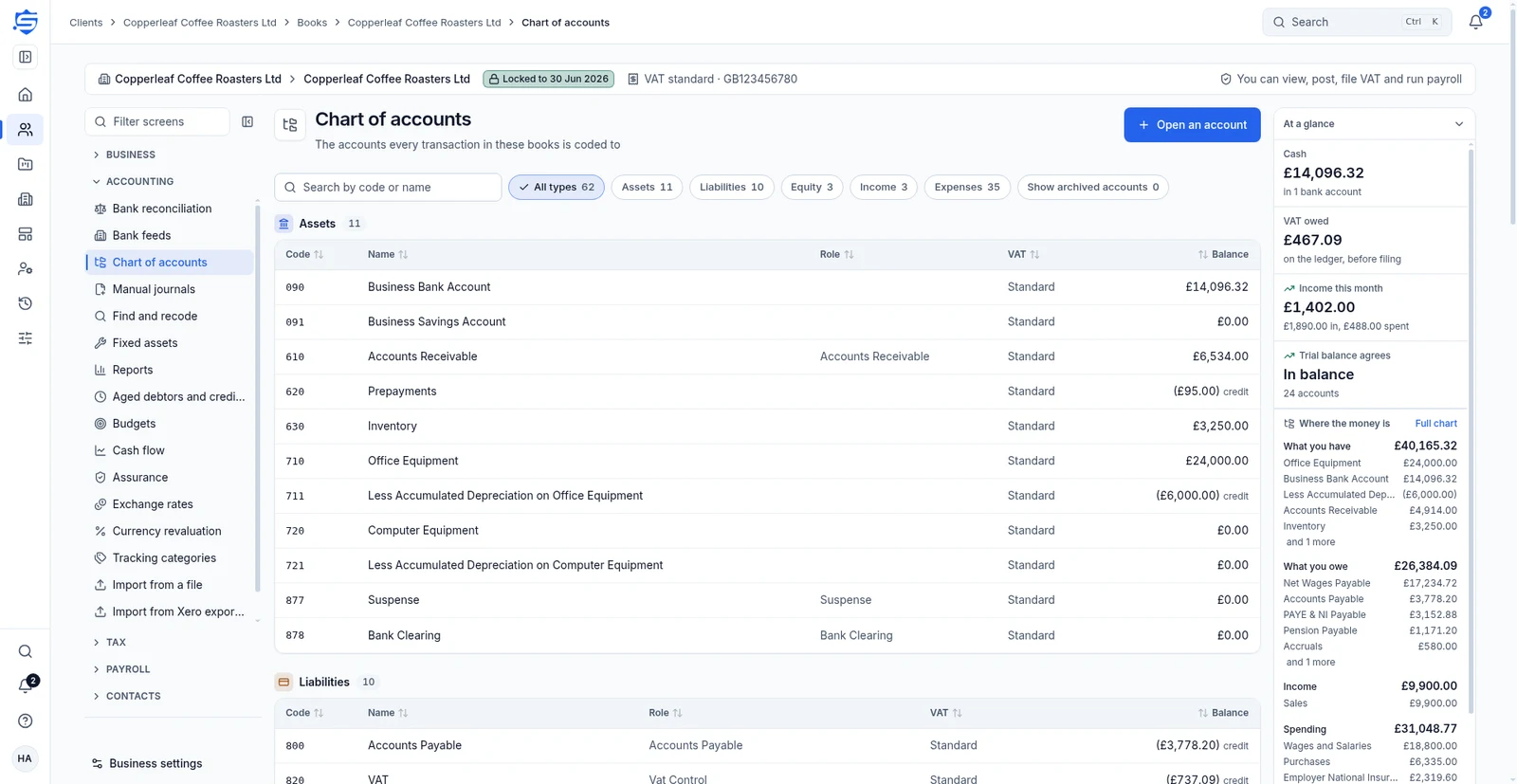 Chart of accounts with UK account codes and balances