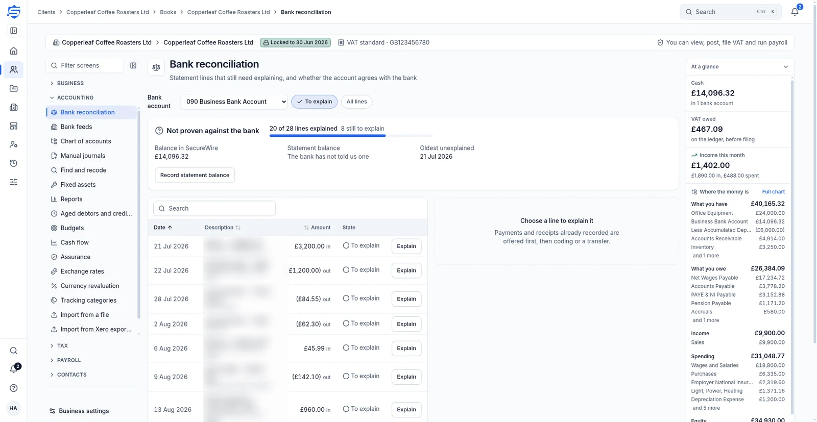 Bank reconciliation showing statement balance controls and lines to explain