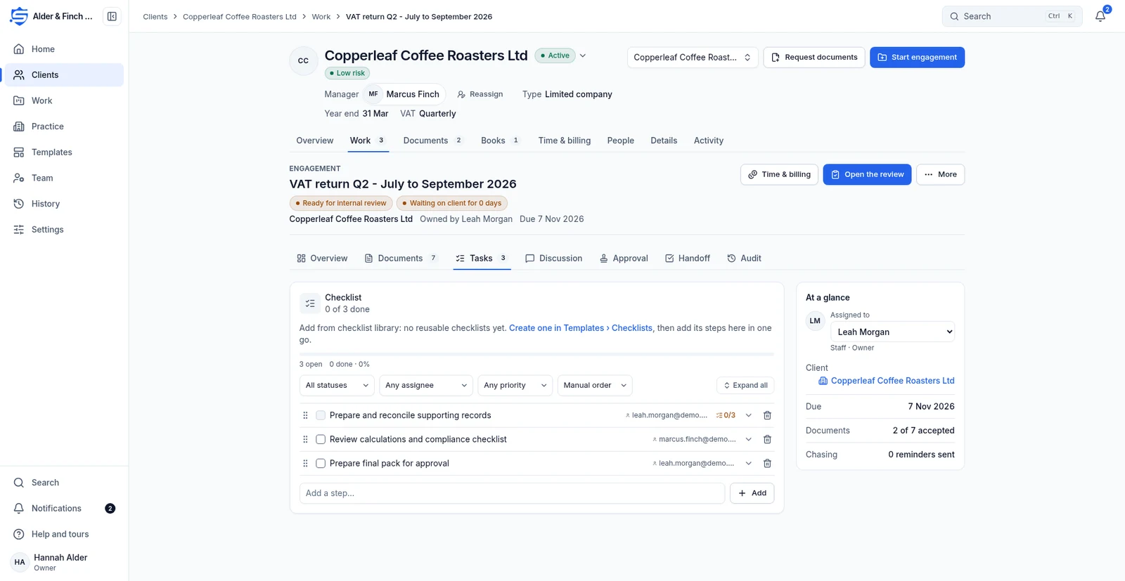 Engagement tasks with assigned staff and internal steps