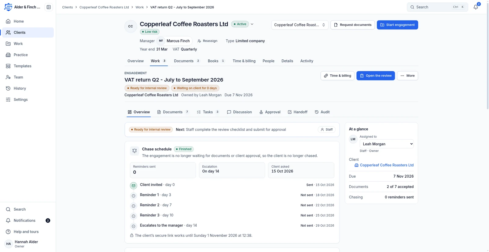 Engagement overview with the document chasing schedule